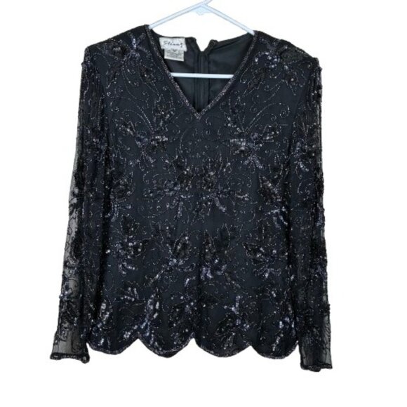 VTG Stènay 100% Silk Beaded Sequined Sheer Top Sz Medium Whimsigoth - Picture 1 of 8